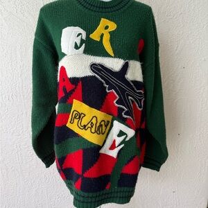 Vintage Paul Vivaldi Unisex Medium Beaded Crewneck Knit Chunky Sweater Airplane